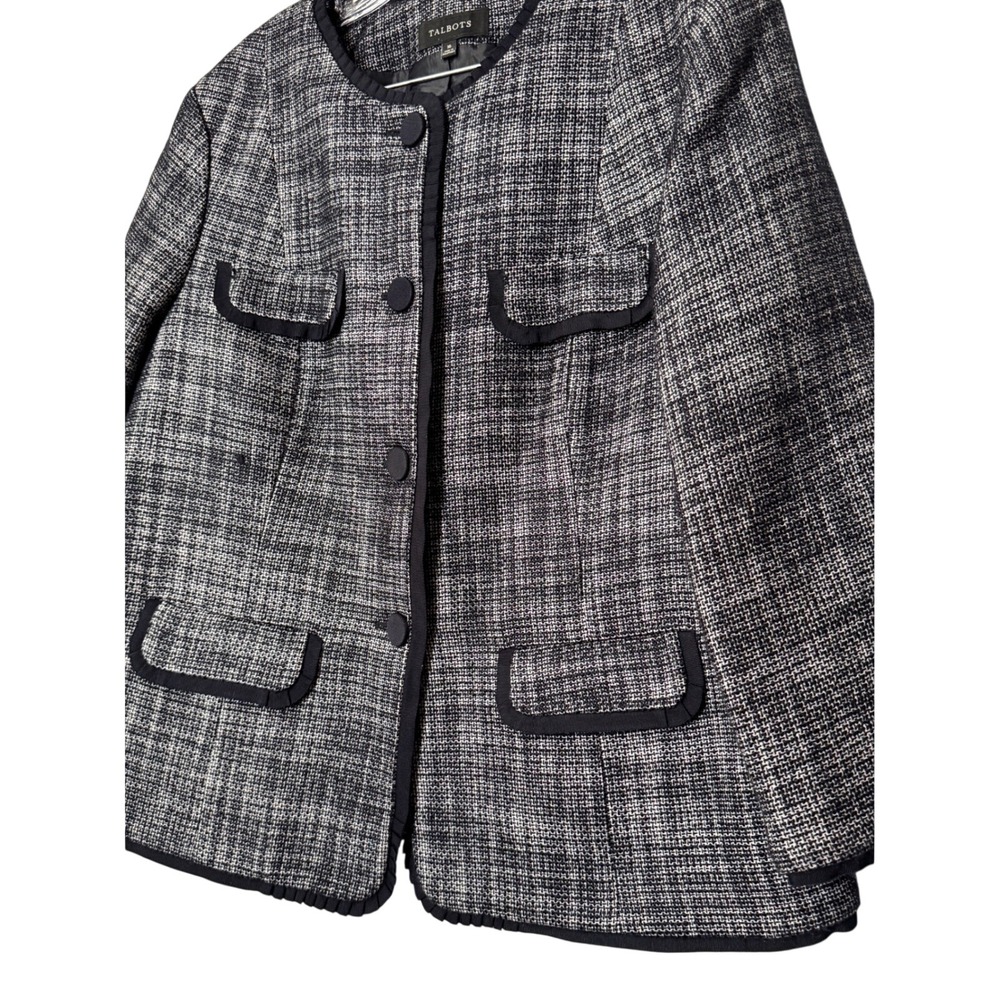 Talbots Women's Tweed Blazer Jacket Navy Blue Gray Plaid Petite Size 16 - Picture 2 of 10